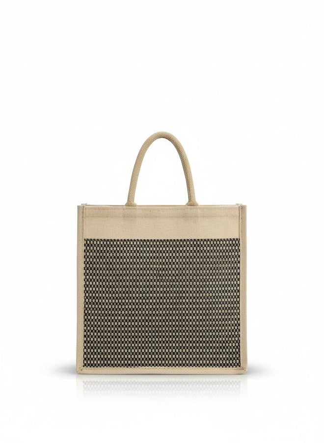 Handmakers Banana Fiber Tote Bag with Woven Pattern Panel, Eco Shopping Bag, Beige Cotton Handles, Texured Design Women Carrt Bags for Makeup Item, Lunch, Keys, others Accessories - Image 2