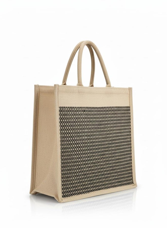 Handmakers Banana Fiber Tote Bag with Woven Pattern Panel, Eco Shopping Bag, Beige Cotton Handles, Texured Design Women Carrt Bags for Makeup Item, Lunch, Keys, others Accessories - Image 4