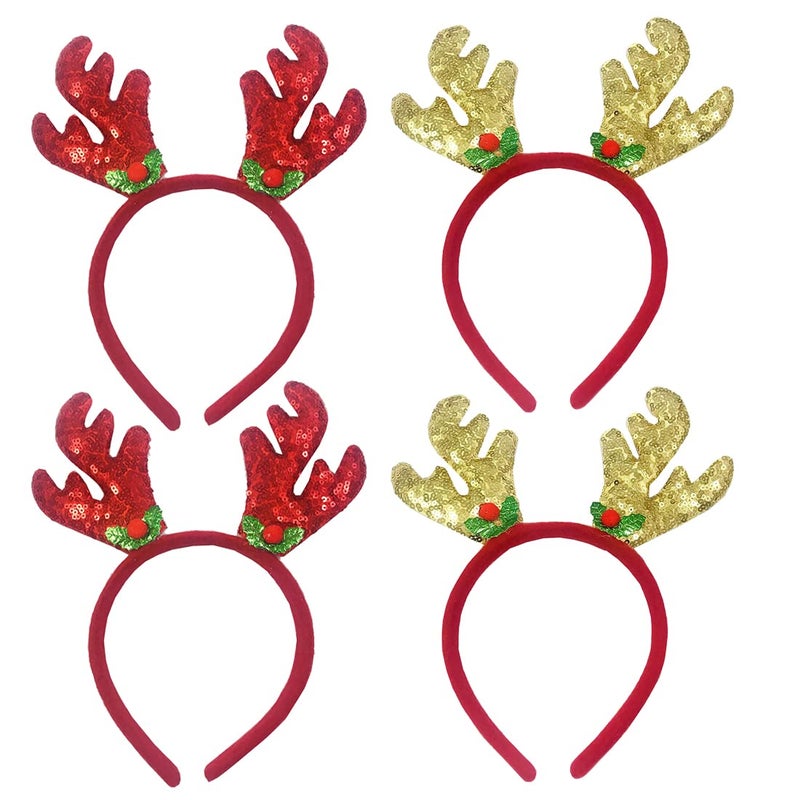 Evisha 4 Pcs Red Golden Sequence Reindeer Head Band Hair Band for Christmas Party New Year Party Christmas Costumes - Image 1