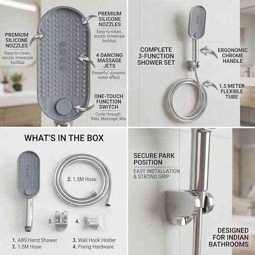 InArt® ABS 3-Function Hand Shower with 1.5 Meter Flexible Tube and Wall Hook, Chrome Finish | ABS Handheld Shower Head with Rain, Dancing Massage & Mix Spray | Easy-Clean Silicone Nozzles - Image 3