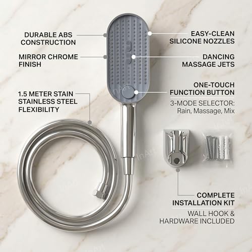 InArt® ABS 3-Function Hand Shower with 1.5 Meter Flexible Tube and Wall Hook, Chrome Finish | ABS Handheld Shower Head with Rain, Dancing Massage & Mix Spray | Easy-Clean Silicone Nozzles - Image 2