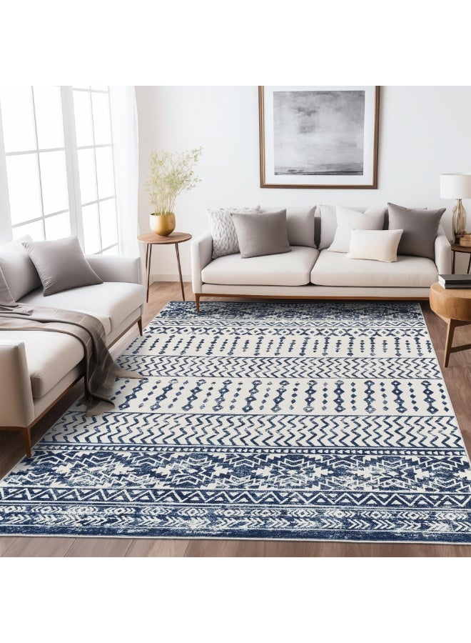 Art&Tuft Moroccan Geometric Area Rug 5x7, Super Soft Ultra-Thin Washable, Navy - Image 1