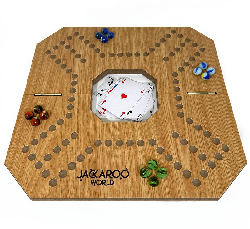 Jackaroo World Jackaroo Board Game - 2-4 Player Marble Board Games - Marble Strategy Game - Carbles game with Cards - Marbles and Jokers Board Game - Jokers and Pegs Board Wooden - Dirty Marbles Strategy Games (Oak) - Image 1