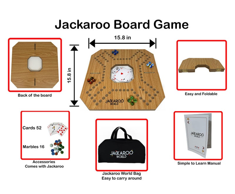 Jackaroo World Jackaroo Board Game - 2-4 Player Marble Board Games - Marble Strategy Game - Carbles game with Cards - Marbles and Jokers Board Game - Jokers and Pegs Board Wooden - Dirty Marbles Strategy Games (Oak) - Image 3