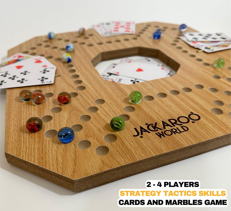Jackaroo World Jackaroo Board Game - 2-4 Player Marble Board Games - Marble Strategy Game - Carbles game with Cards - Marbles and Jokers Board Game - Jokers and Pegs Board Wooden - Dirty Marbles Strategy Games (Oak) - Image 2