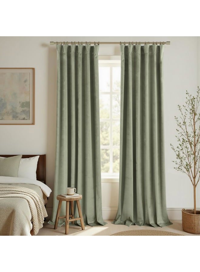 KOUFALL 52x84 Inch Length Sage Gree Back Tab Velvet Curtains - Image 1