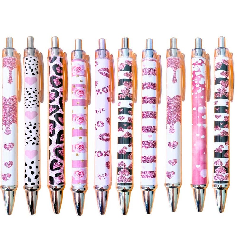 YJ PREMIUMS 10 PC Heart Pens Cute Red Hearts Shaped Valentines Day Stationary Ink Gel Pen Pink Rose Gold XOXO Black Leopard Glitter Office School Supplies Accessories Wedding Party Favors Items Women Gift Bulk - Image 1