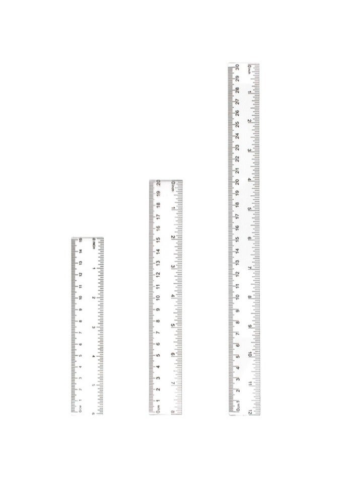 مجموعة مسطرة بلاستيكية شفافة  مسطرة قياس مزدوجة الجوانب، 15 سم، 20 سم، 30 سم، مجموعة من 3 قطع - Image 1