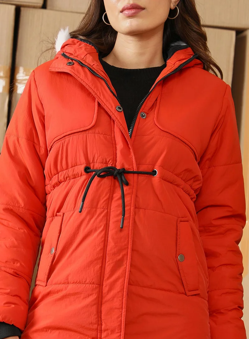 كامبوس سوترا Women's Tangerine Orange Fur-Lined Long Puffer Jacket