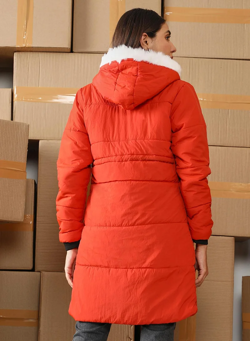 كامبوس سوترا Women's Tangerine Orange Fur-Lined Long Puffer Jacket