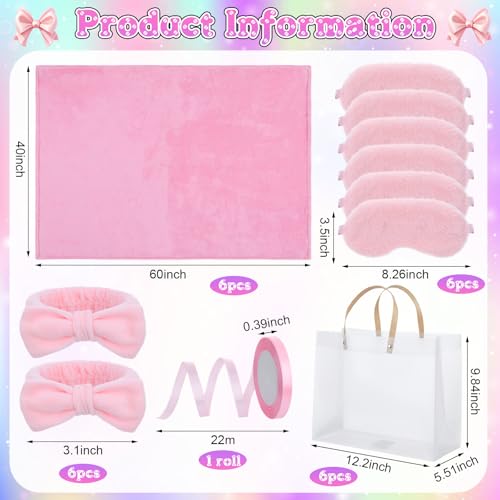 Tegeme 24 Pcs Pink Spa Sleepover Party Supplies 6 Fuzzy Throw Blanket 6 Coral Fleece Headband 6 Eye Mask Covers 6 Gift Bags for Galentines Slumber Sleepover Spa Party GiftPink - Image 5