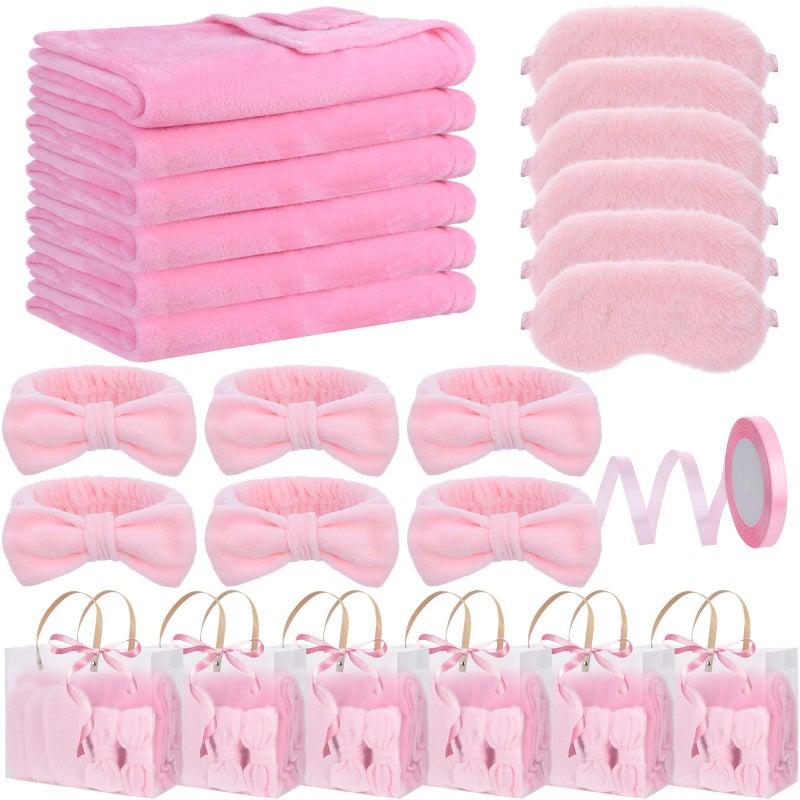 Tegeme 24 Pcs Pink Spa Sleepover Party Supplies 6 Fuzzy Throw Blanket 6 Coral Fleece Headband 6 Eye Mask Covers 6 Gift Bags for Galentines Slumber Sleepover Spa Party GiftPink - Image 3
