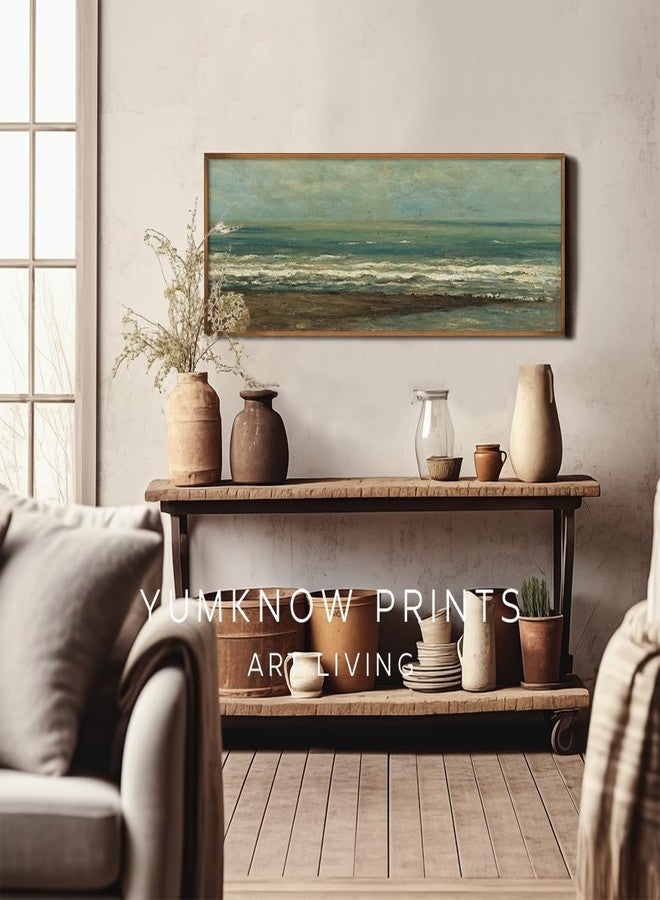 YUMKNOW Unframed Rolled Vintage Farmhouse French Country Bedroom Wall Decor Above Bed - Horizontal Wall Art Over the Bed - 10x30" - Panoramic Landscape Picture Canvas Long Cyan Seascape Ocean Print Poster - Image 3