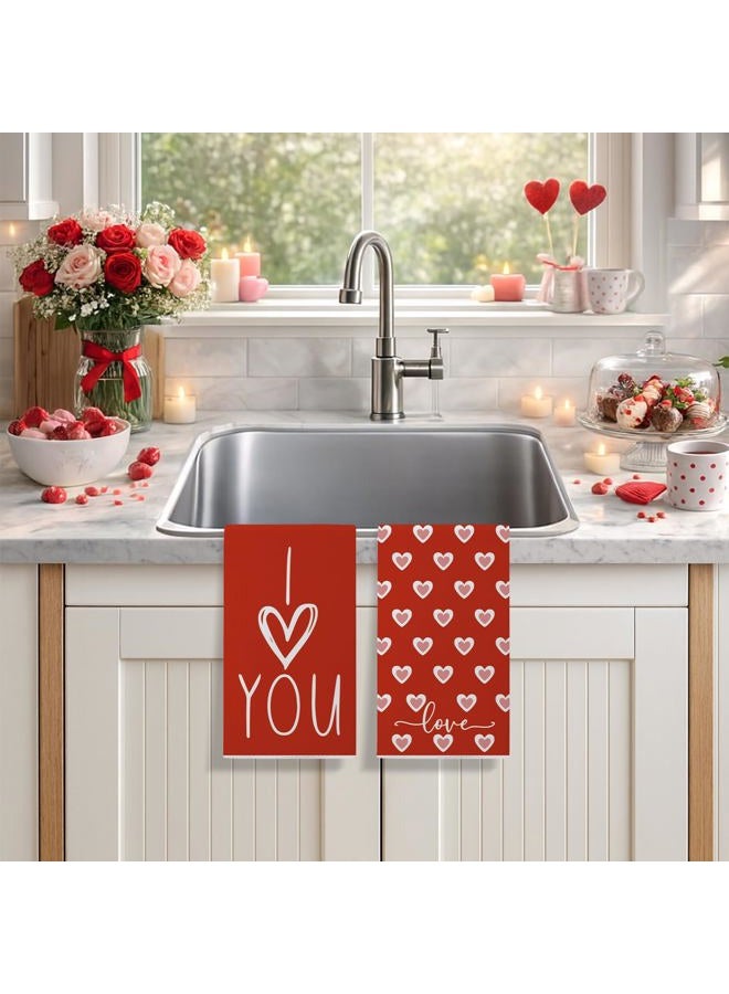 Siilues Valentines Kitchen Towels Set of 2, Red Pink Love Hearts I Love You Valentines Day Dish Towels 18x26 Inch Sweet Home Party Decor Drying Dishcloth Anniversary Wedding Decoration Hand Towels - Image 2