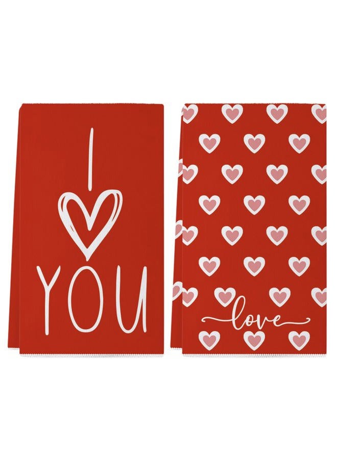 Siilues Valentines Kitchen Towels Set of 2, Red Pink Love Hearts I Love You Valentines Day Dish Towels 18x26 Inch Sweet Home Party Decor Drying Dishcloth Anniversary Wedding Decoration Hand Towels - Image 1