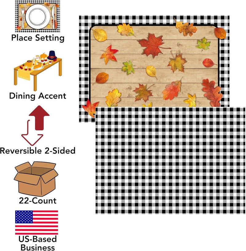 Iconikal 2Sided Black Gingham Reversible Disposable Paper Place Mats 14 x 10inches White Buffalo Plaid 22Count - Image 3