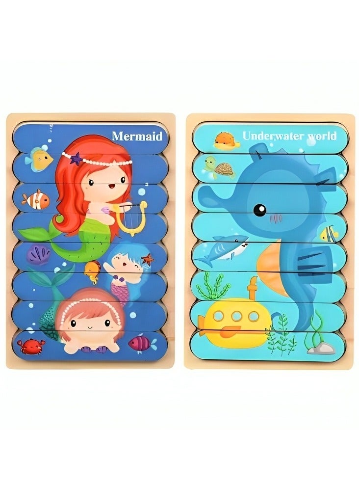 Wooden 3D Jigsaw Puzzles Double Style for Toddlers, Teacher Parents Early Learning Support Tools, Montessori Motor and Sensory Skills Develop Toys, Ideal Kids Gift (Mermaid & Underwater World Style) - Image 1