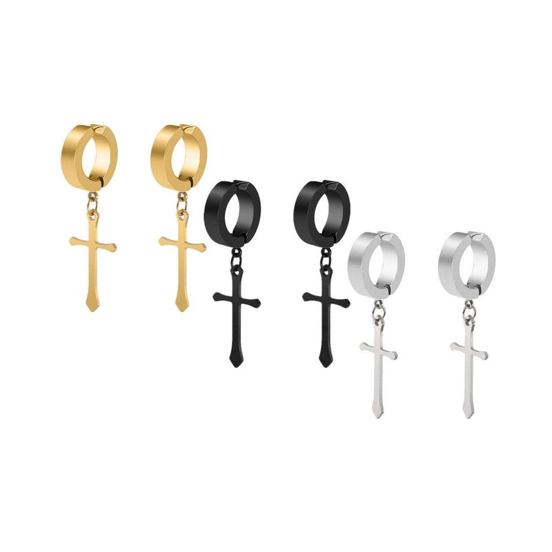 CCBFY Non-pierced Earrings Set for Men Women Cross Titanium Steel Hoop Dangle Clip On Earring - Image 1