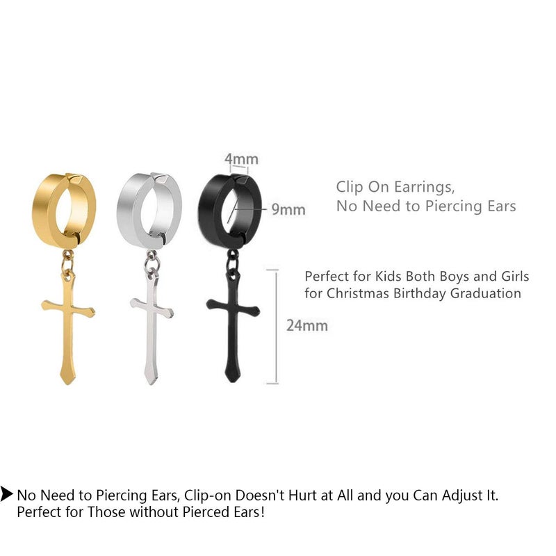 CCBFY Non-pierced Earrings Set for Men Women Cross Titanium Steel Hoop Dangle Clip On Earring - Image 3
