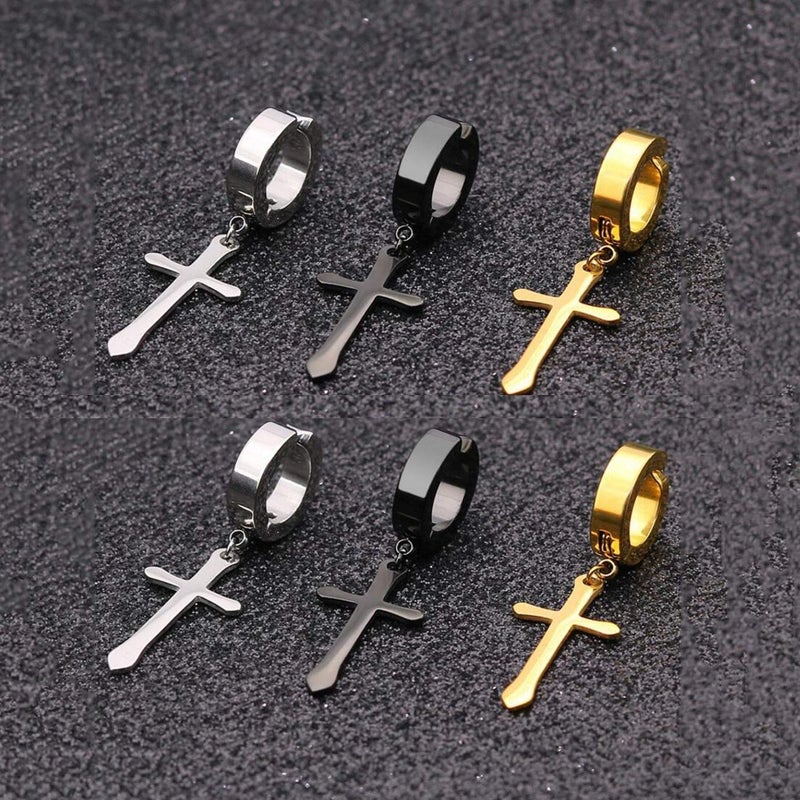 CCBFY Non-pierced Earrings Set for Men Women Cross Titanium Steel Hoop Dangle Clip On Earring - Image 2