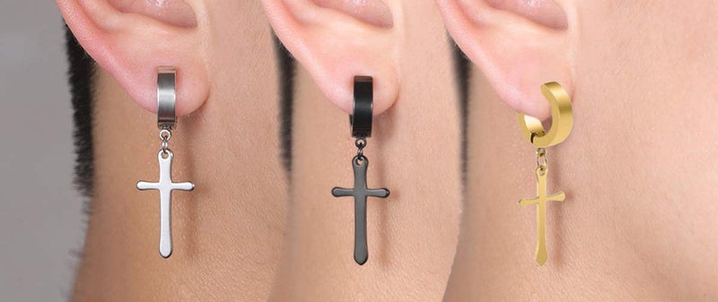 CCBFY Non-pierced Earrings Set for Men Women Cross Titanium Steel Hoop Dangle Clip On Earring - Image 4