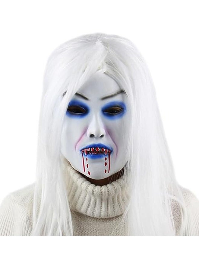 Brain Giggles - BrainGiggles Scary Vampire (White, with White Hair) Halloween Mask, Adjustable Full Face Halloween Costume Mask Unisex, Masquerade & Halloween Cosplay Party Face Cover for Adults, (Vampire White Mask) - Image 1