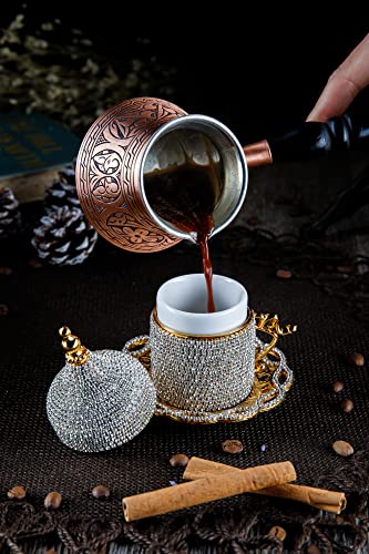DEMMEX Turkish Coffee & Espresso Cup, Fancy Turkish Greek Arabic Coffee Cup with Inner Porcelain, Metal Holder, Saucer and Lid, Handmade with Crystals, 2 Oz - 60ml (Gold with Crystals) - Image 3