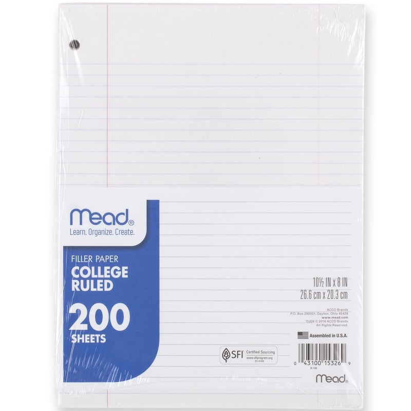 Mead Loose Leaf Paper, Notebook Paper, College Ruled Filler Paper, Standard, 8 x 10.5, 200 Sheets (15326) - Image 1