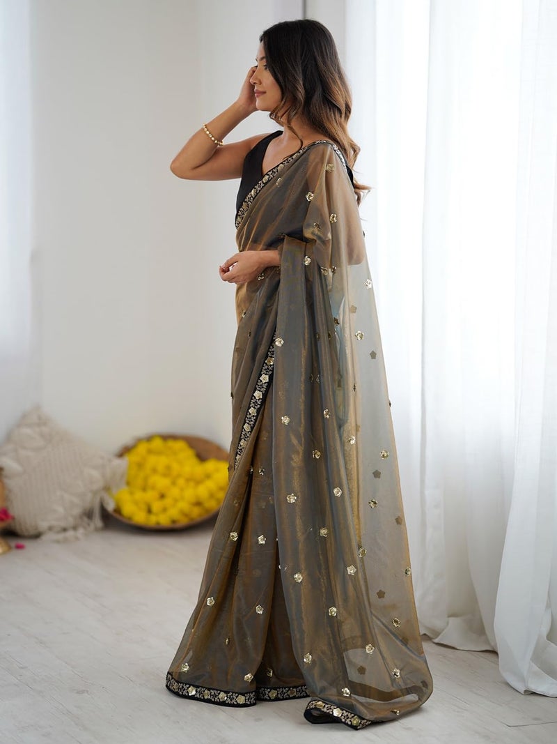 SAREE MALL Women's Olive Net Embellished Saree With Unstitched Blouse Piece (GOPI3401_RX) - Image 4