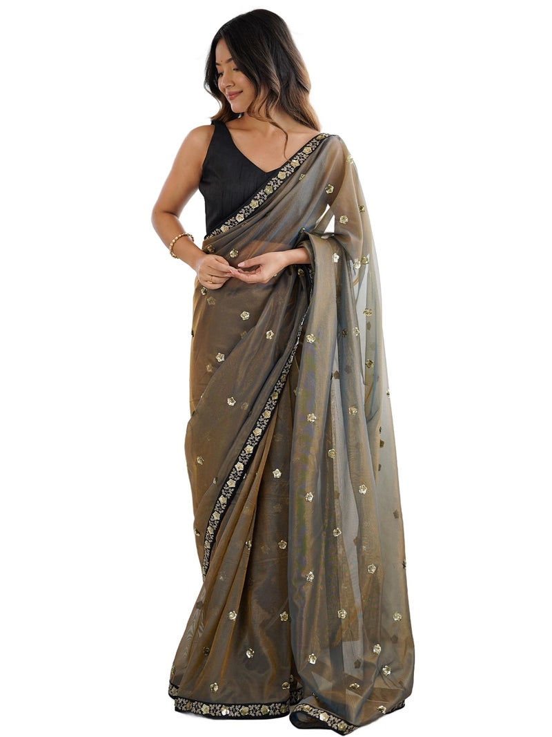 SAREE MALL Women's Olive Net Embellished Saree With Unstitched Blouse Piece (GOPI3401_RX) - Image 1