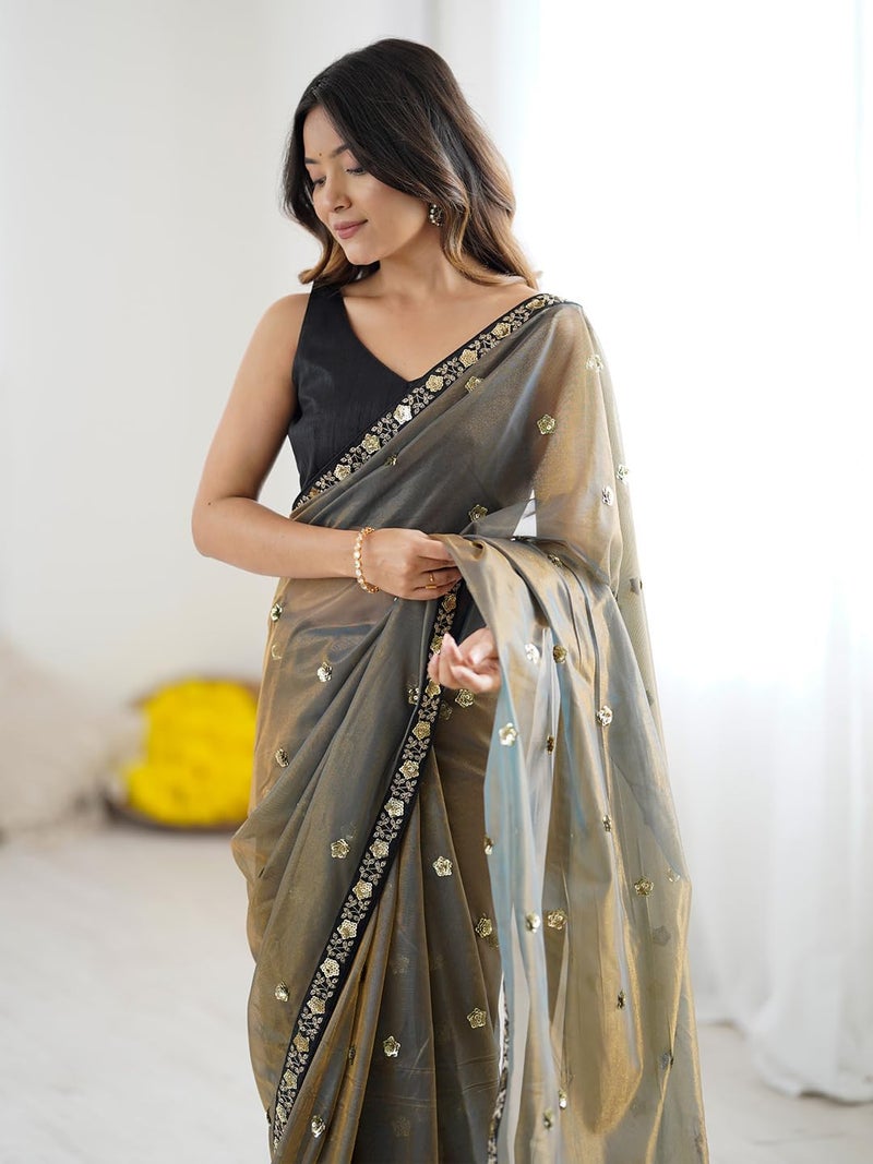 SAREE MALL Women's Olive Net Embellished Saree With Unstitched Blouse Piece (GOPI3401_RX) - Image 5