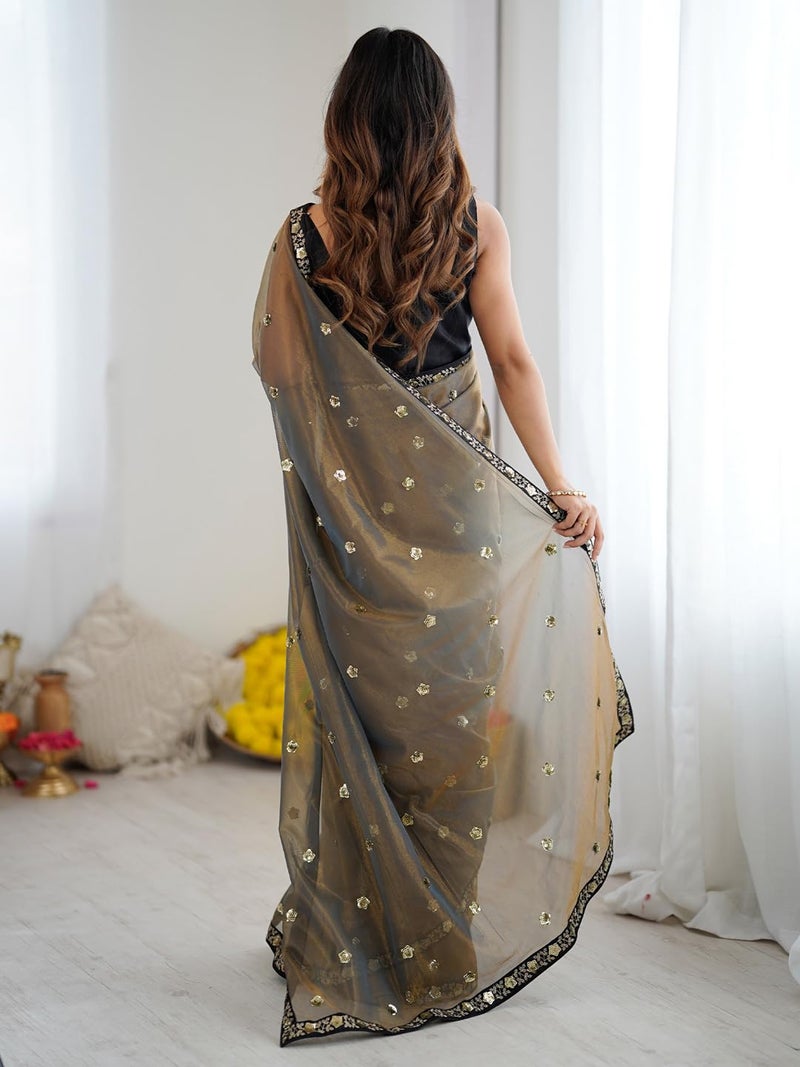 SAREE MALL Women's Olive Net Embellished Saree With Unstitched Blouse Piece (GOPI3401_RX) - Image 2