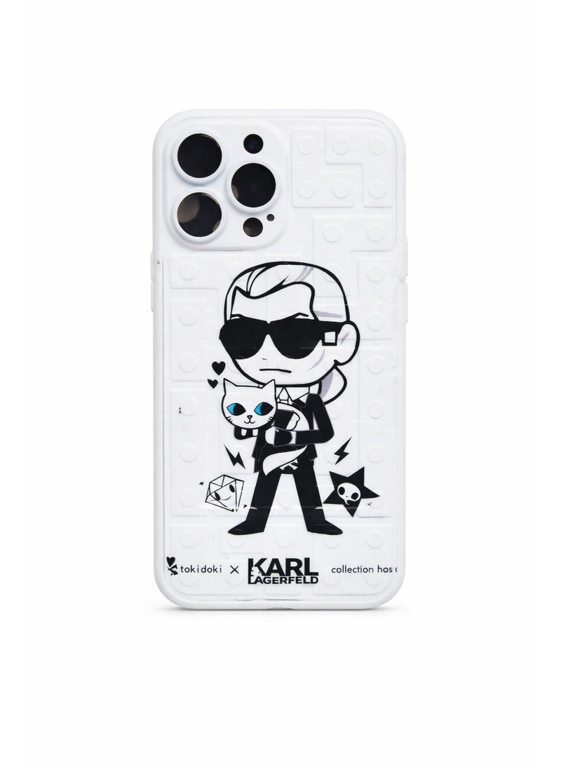 Lanex Soft Silicone Protective Back Case for iPhone 13 Pro Max (6.7") - Karl Lagerfeld & Cat Cartoon Design with 3D Grid Texture - White - Image 1