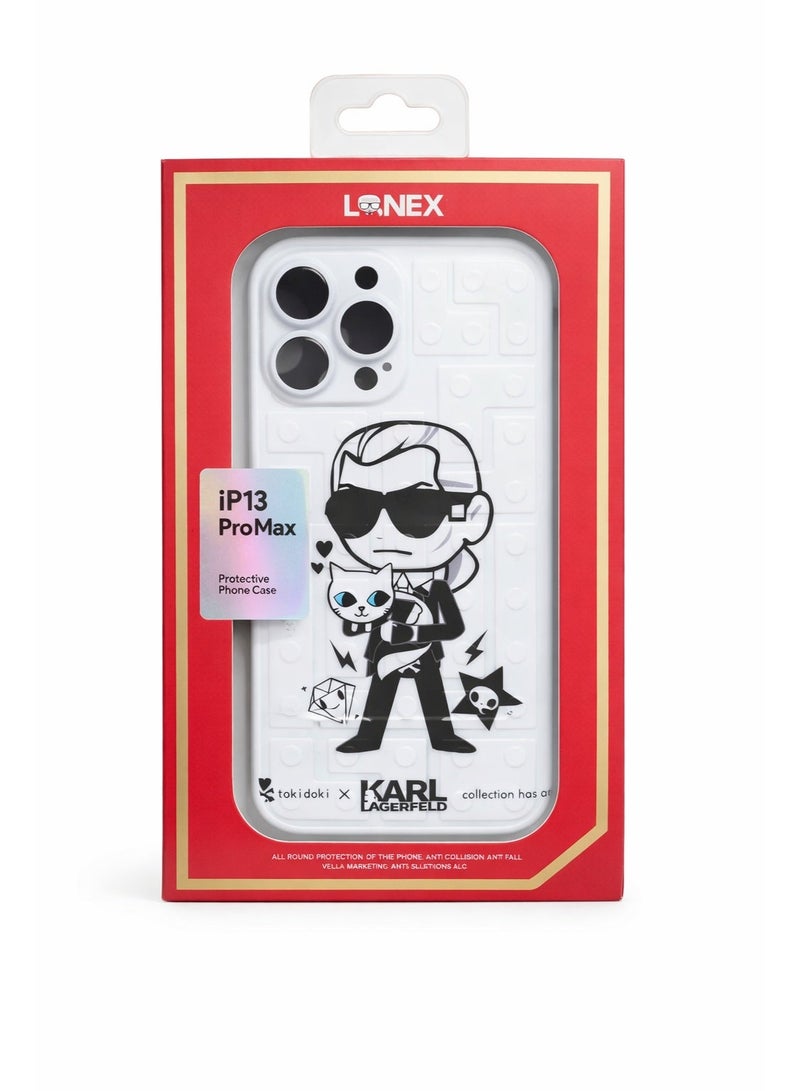 Lanex Soft Silicone Protective Back Case for iPhone 13 Pro Max (6.7") - Karl Lagerfeld & Cat Cartoon Design with 3D Grid Texture - White - Image 5