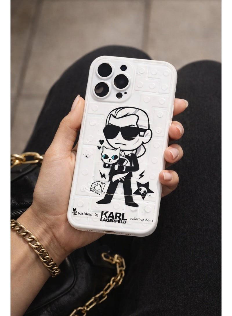 Lanex Soft Silicone Protective Back Case for iPhone 13 Pro Max (6.7") - Karl Lagerfeld & Cat Cartoon Design with 3D Grid Texture - White - Image 3