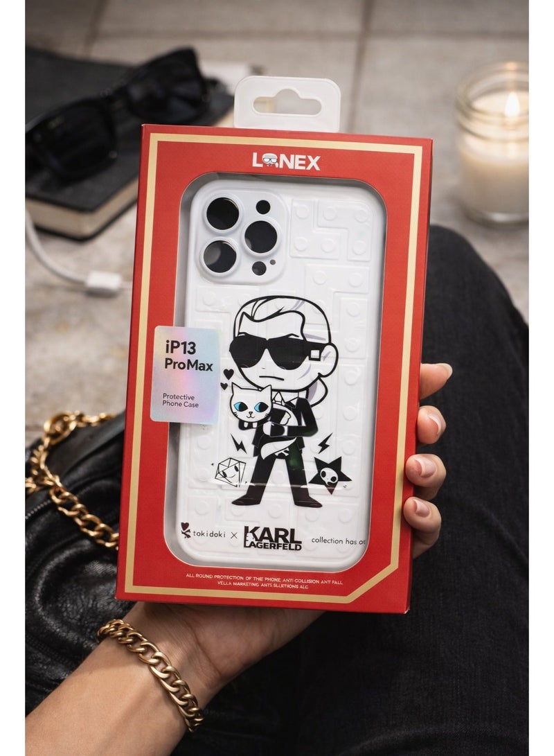 Lanex Soft Silicone Protective Back Case for iPhone 13 Pro Max (6.7") - Karl Lagerfeld & Cat Cartoon Design with 3D Grid Texture - White - Image 4