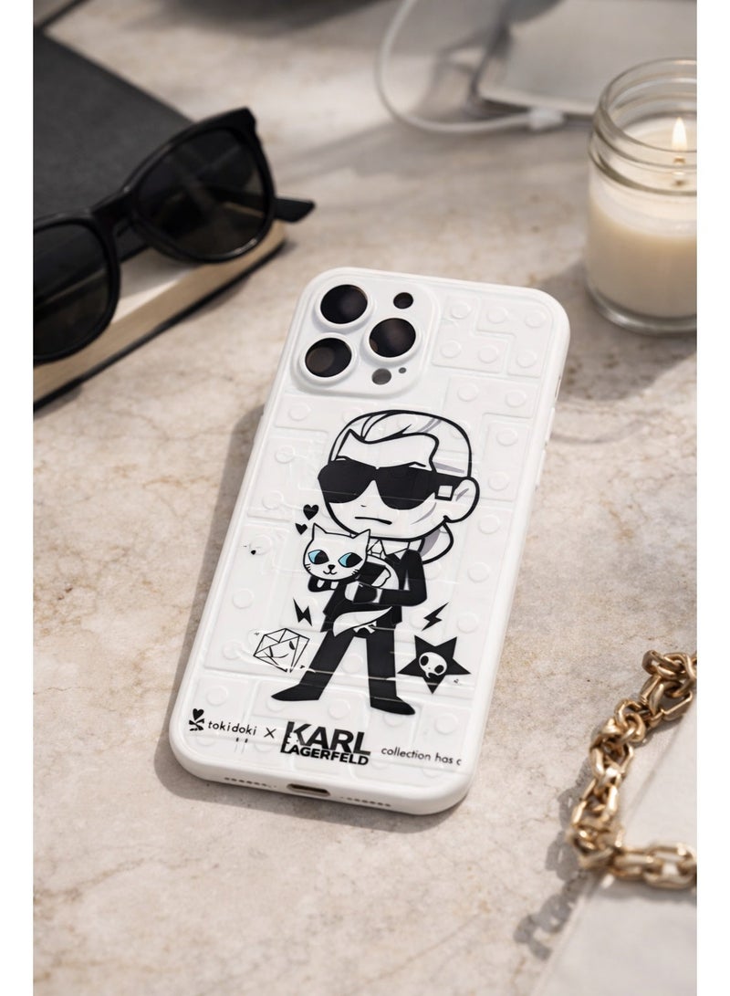 Lanex Soft Silicone Protective Back Case for iPhone 13 Pro Max (6.7") - Karl Lagerfeld & Cat Cartoon Design with 3D Grid Texture - White - Image 2