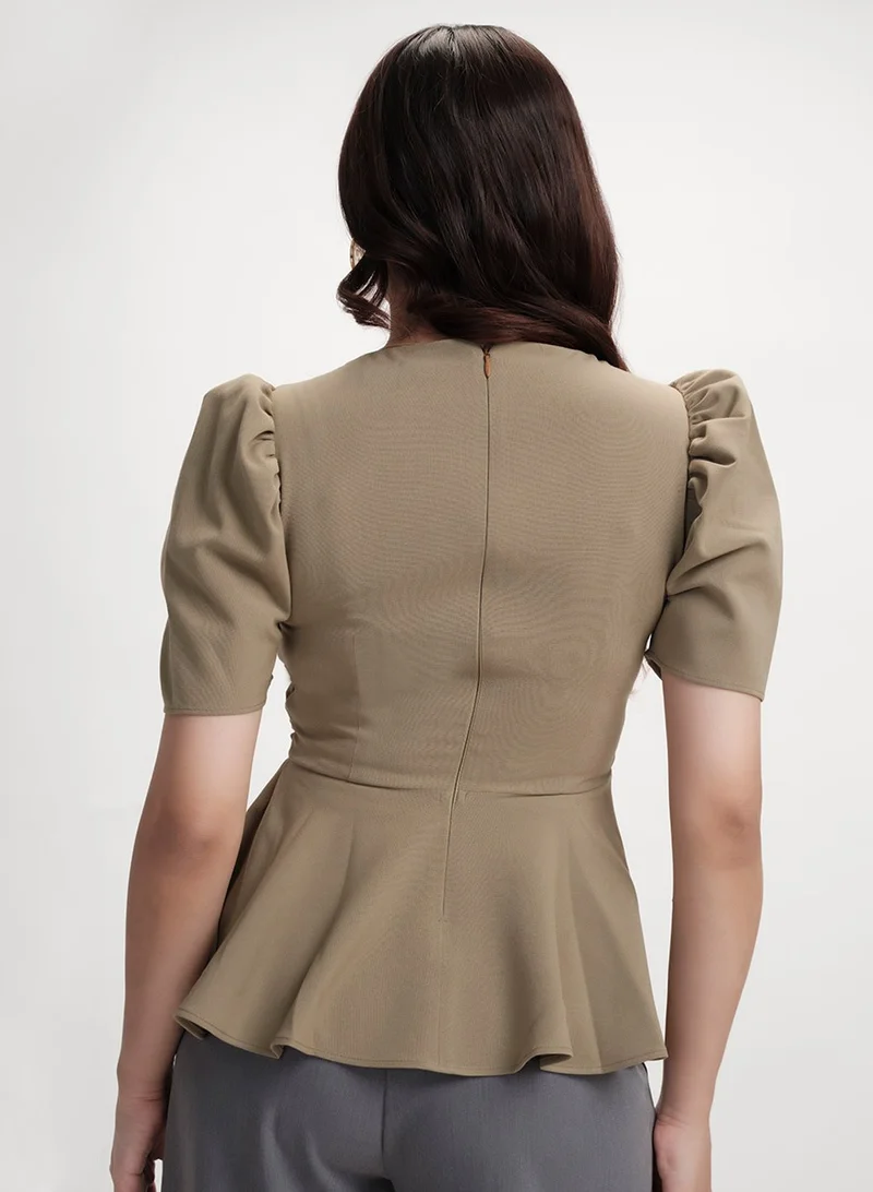Zigzag Vneck Sleeve Detailed Peplum Top