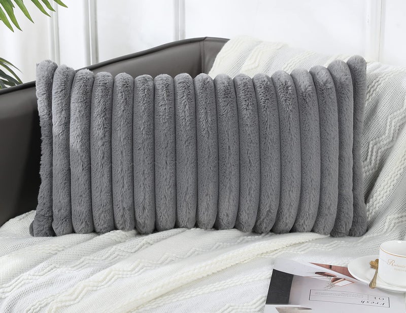 PANOD Faux Fur Decorative Lumbar Throw Pillow Covers 14 x 24 Long Boho Lumbar Pillow Covers Pillow Case Cushion Case for Bed Sofa Farmhouse Livingroom Grey - Image 2