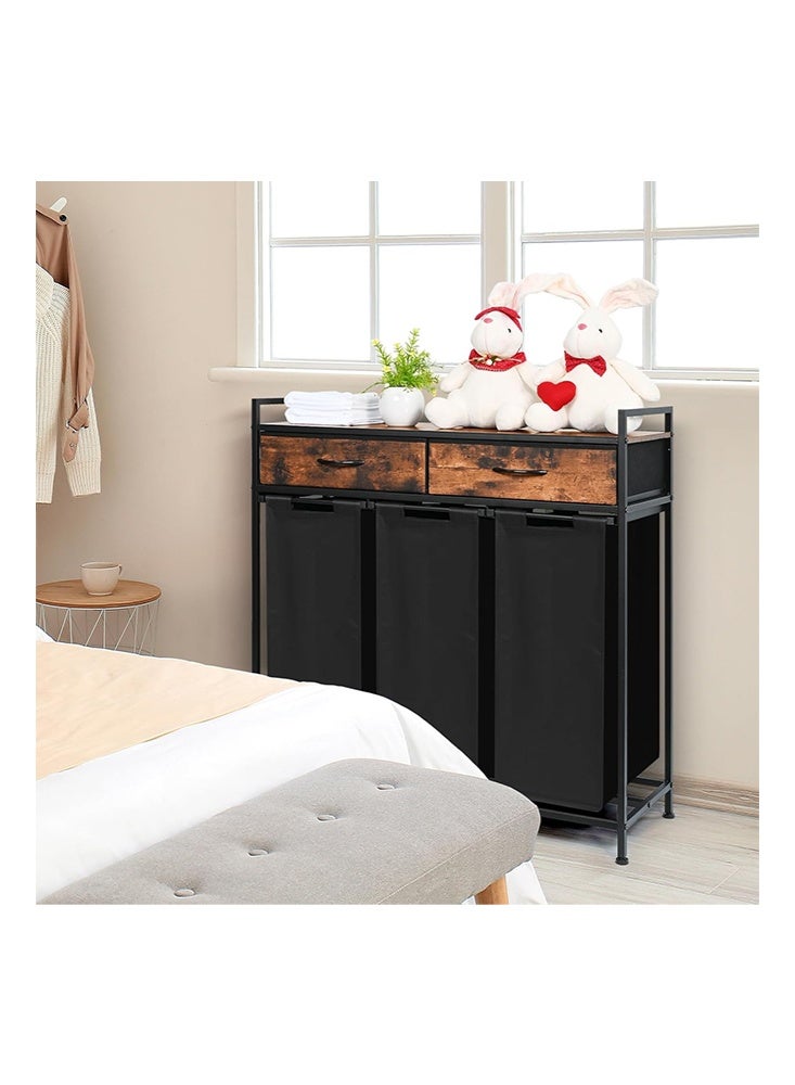 Solerconm 180L Laundry Hamper with Shelf, 2 Drawers, and 3 Pull-Out Removable Oxford Fabric Bags, Clothes Storage Organizer Cart, Rustic Brown and Black - Image 3