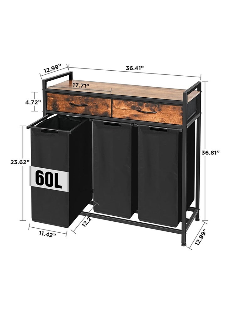 Solerconm 180L Laundry Hamper with Shelf, 2 Drawers, and 3 Pull-Out Removable Oxford Fabric Bags, Clothes Storage Organizer Cart, Rustic Brown and Black - Image 2