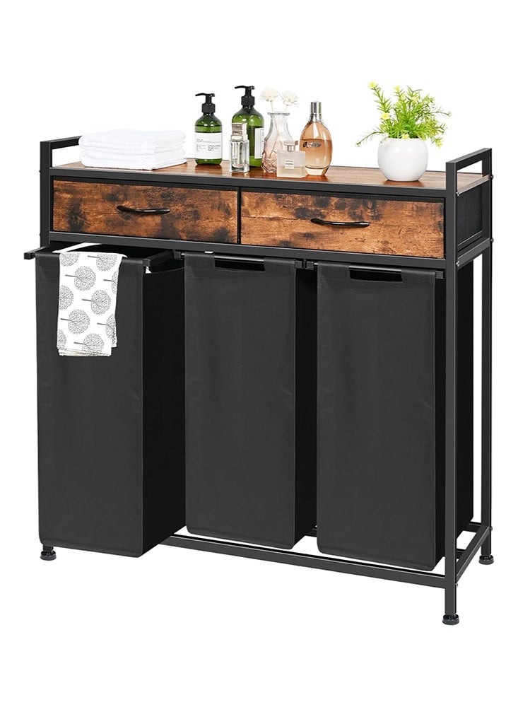 Solerconm 180L Laundry Hamper with Shelf, 2 Drawers, and 3 Pull-Out Removable Oxford Fabric Bags, Clothes Storage Organizer Cart, Rustic Brown and Black - Image 1