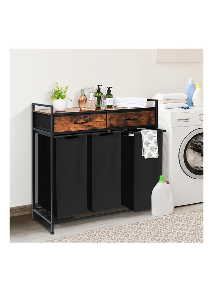Solerconm 180L Laundry Hamper with Shelf, 2 Drawers, and 3 Pull-Out Removable Oxford Fabric Bags, Clothes Storage Organizer Cart, Rustic Brown and Black - Image 4