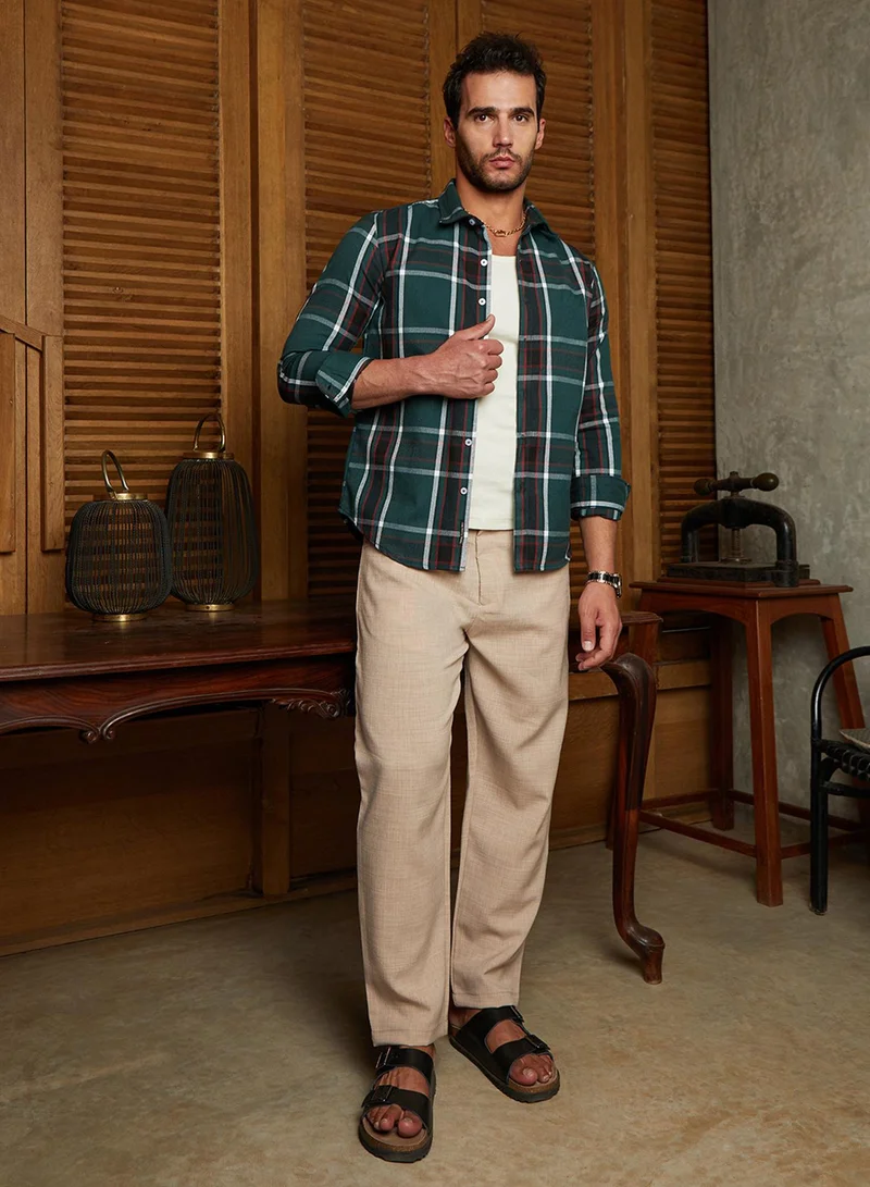 Campus Sutra Campus Sutra Men's Emerald Green Ribbed-Plaid Relaxed Shirt For Casual Wear | Spread Collar | Long Cuffed Sleeves | Button Closure | Shirt Crafted With Comfort Fit For Everyday Wear