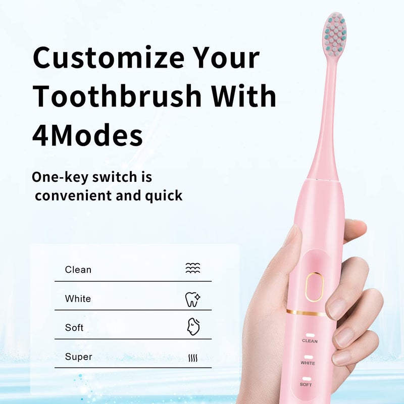 kingheroes Electric Toothbrush Set, Comes with 8 Brush Heads & Travel Case,4 Modes with 2 Minutes Built in Smart Timer, One Charge for 60 Days, 42000 VPM Motor (Pink) - Image 5