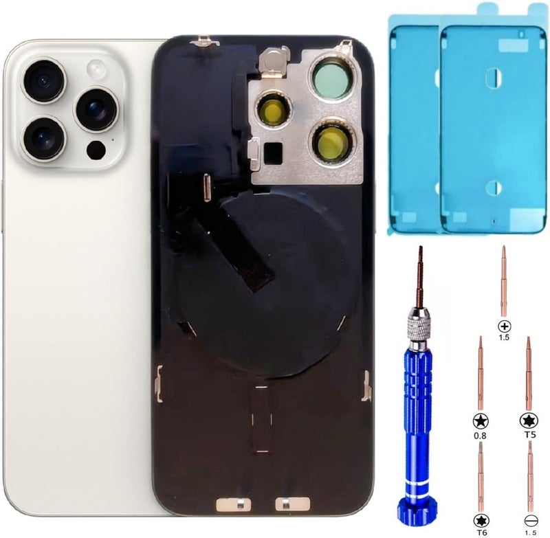 ZVB 15 Pro Back Glass Replacement Kit with Plate & Flex Cable and All Parts, White Titanium, 6.1 Inch for iPhone 15Pro Back Cover Glass, with Repair Tools (White Titanium) - Image 1
