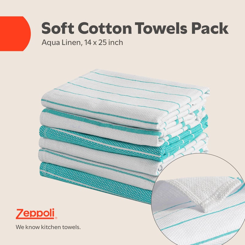Zeppoli Classic Kitchen Towels - 6 Pack 100% Natural Cotton Towel Set, Reusable Wash Cloths, Absorbent Dish Towels, Machine Washable Hand Towels, Kitchen Essentials, 20" x 28" - Aqua Base - Image 2