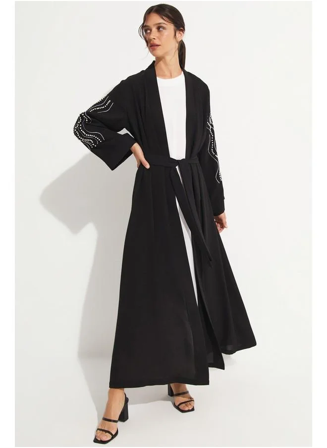 JUNE June Stone Detailed Waist Tie Dress Black