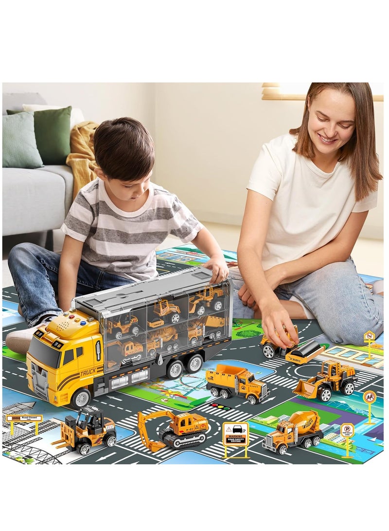 Toddler Boys Toys for 3 4 5 6 Years Old, Construction Truck Vehicle Toy Set with Play Mat, Die-Cast Toy Car Carrier Truck for Boys Kids, Birthday Gifts Toys for 3 4 5 6 7 8+ Year Old Boys - Image 2