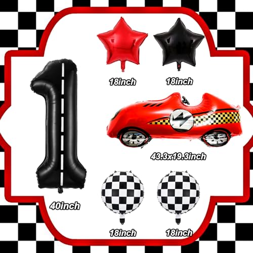 Tagberoy Racecar Birthday Decorations 1 Year Old Large Red Race Car Balloons 40 Inch Racetrack Black Number 1 Balloon Checkered Balloon for Race Cars Birthday Decorations - Image 5